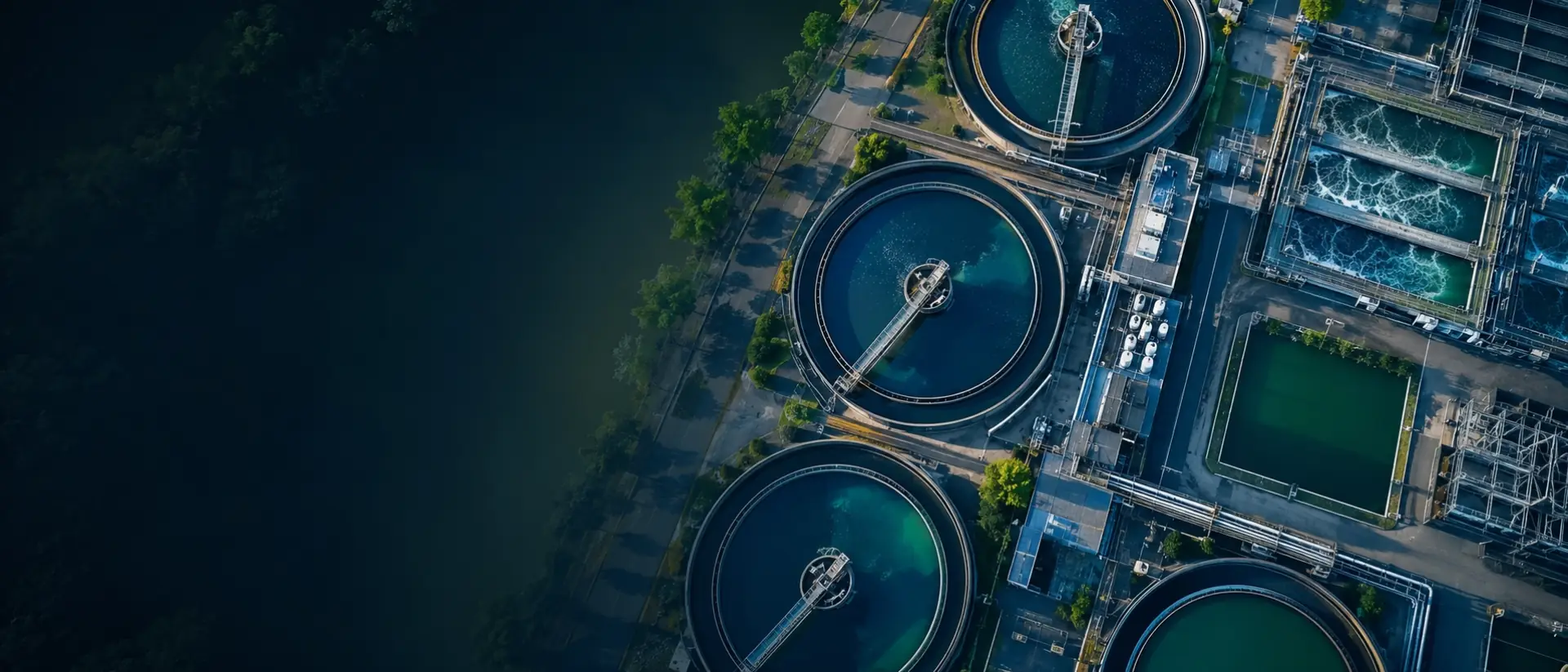 Aerial view of a sewage treatment works beside a river